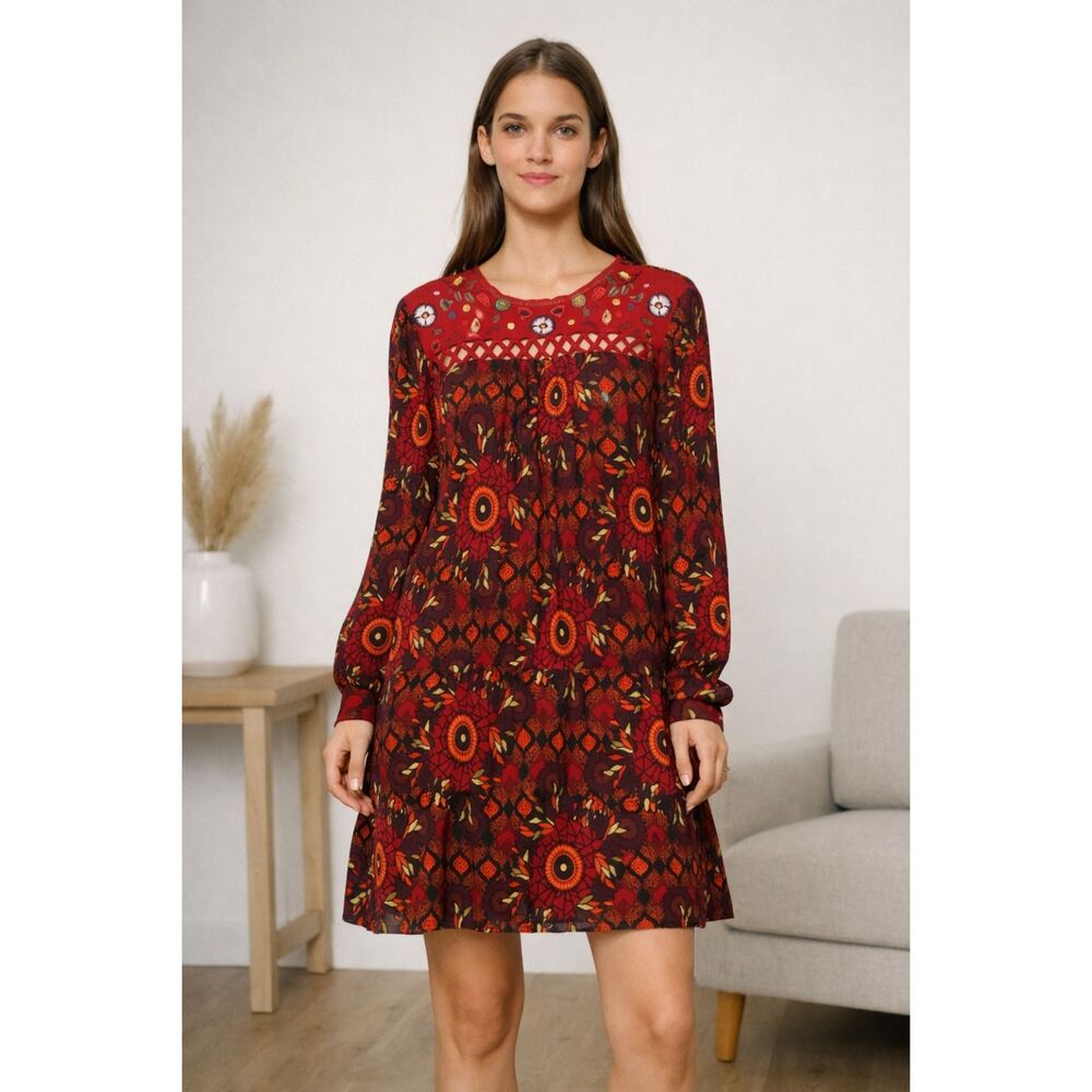 Desigual Red Rosi Long Sleeve Boho Print Dress Size 4 EU 38 Embroidered